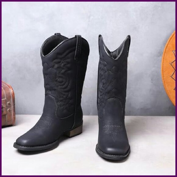 Women's Square Toe Wide Calf Cowboy Boots Low Heel Mid Calf Booties - Picture 4 of 8